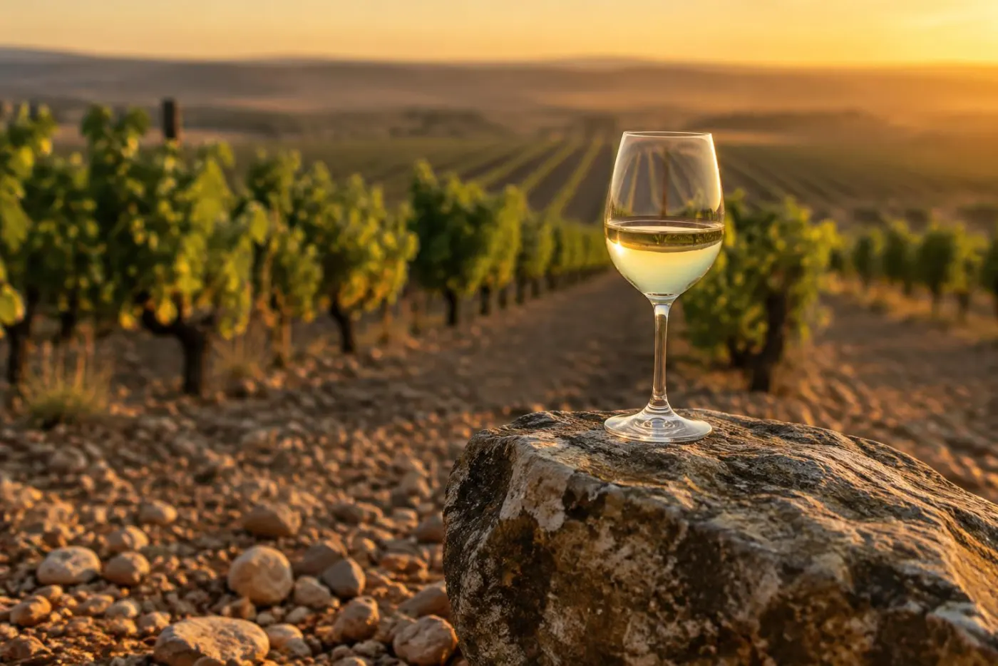 Vinmark med stenet jord på den spanske højslette ved solnedgang og et glas lys hvidvin