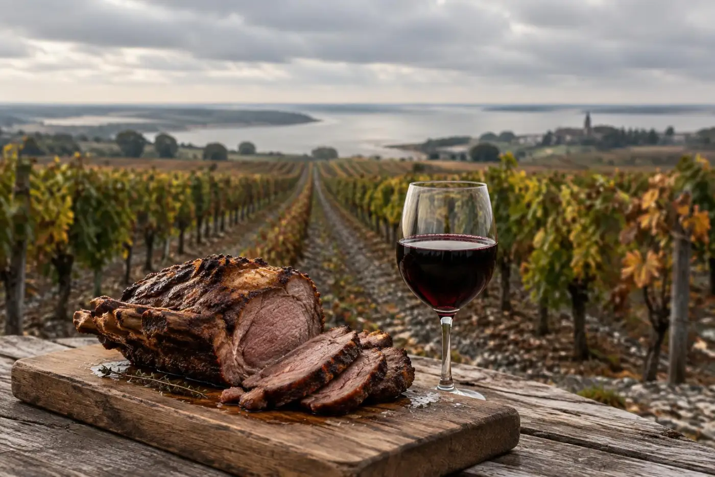 Vinmarker på ler og grus i Saint-Estèphe og et glas rødvin ved oksesteg