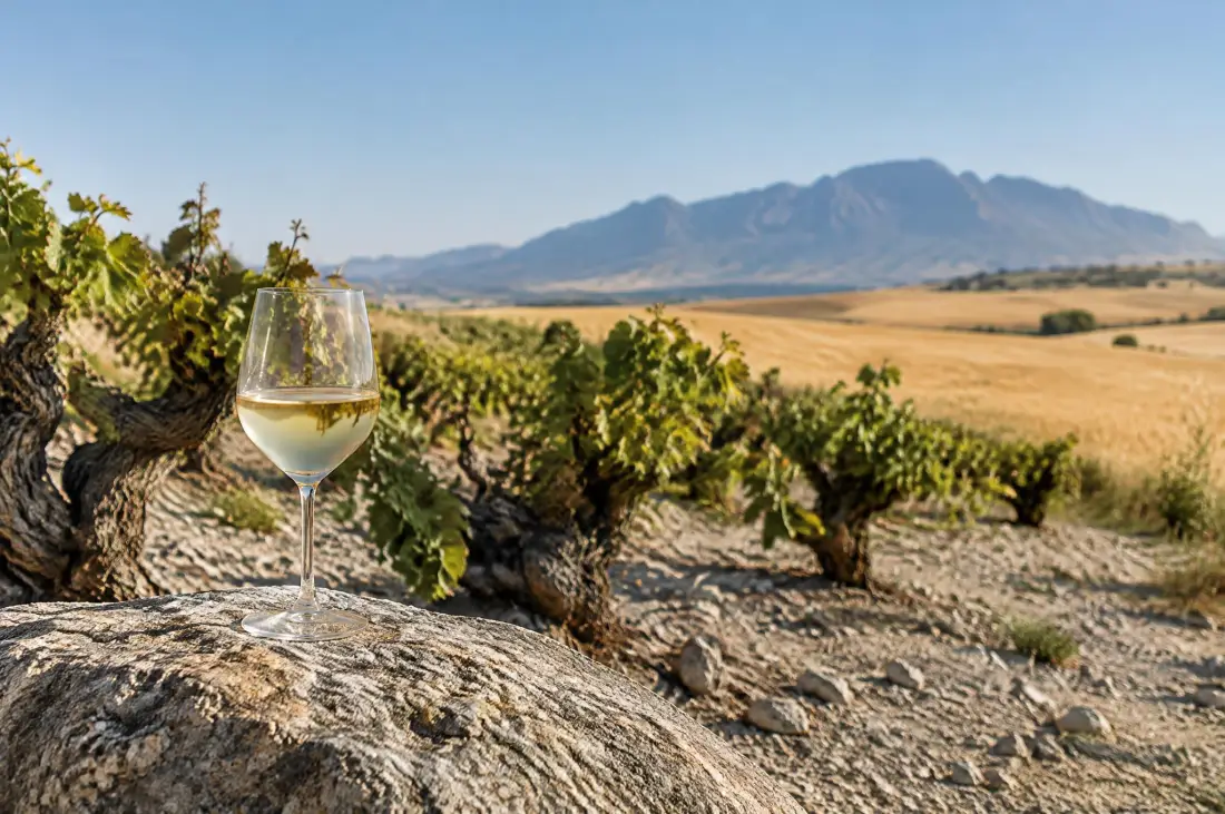 Gamle buskvinstokke i granitjord med glas vin, Swartland i Sydafrika