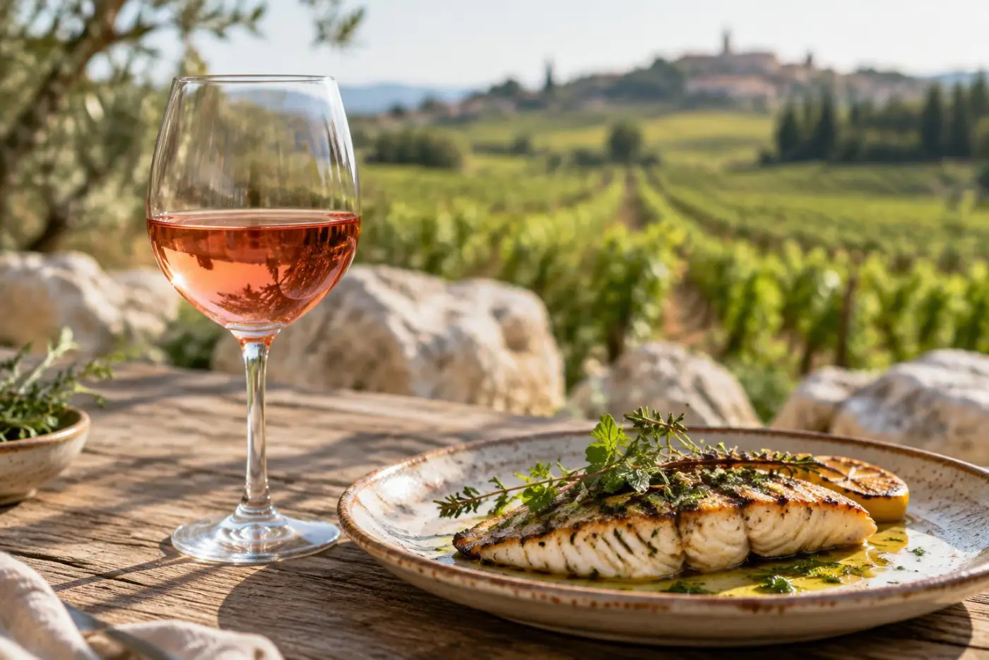 Et glas dyb laksefarvet rosé på et bord med grillet fisk og vinmarker bagved