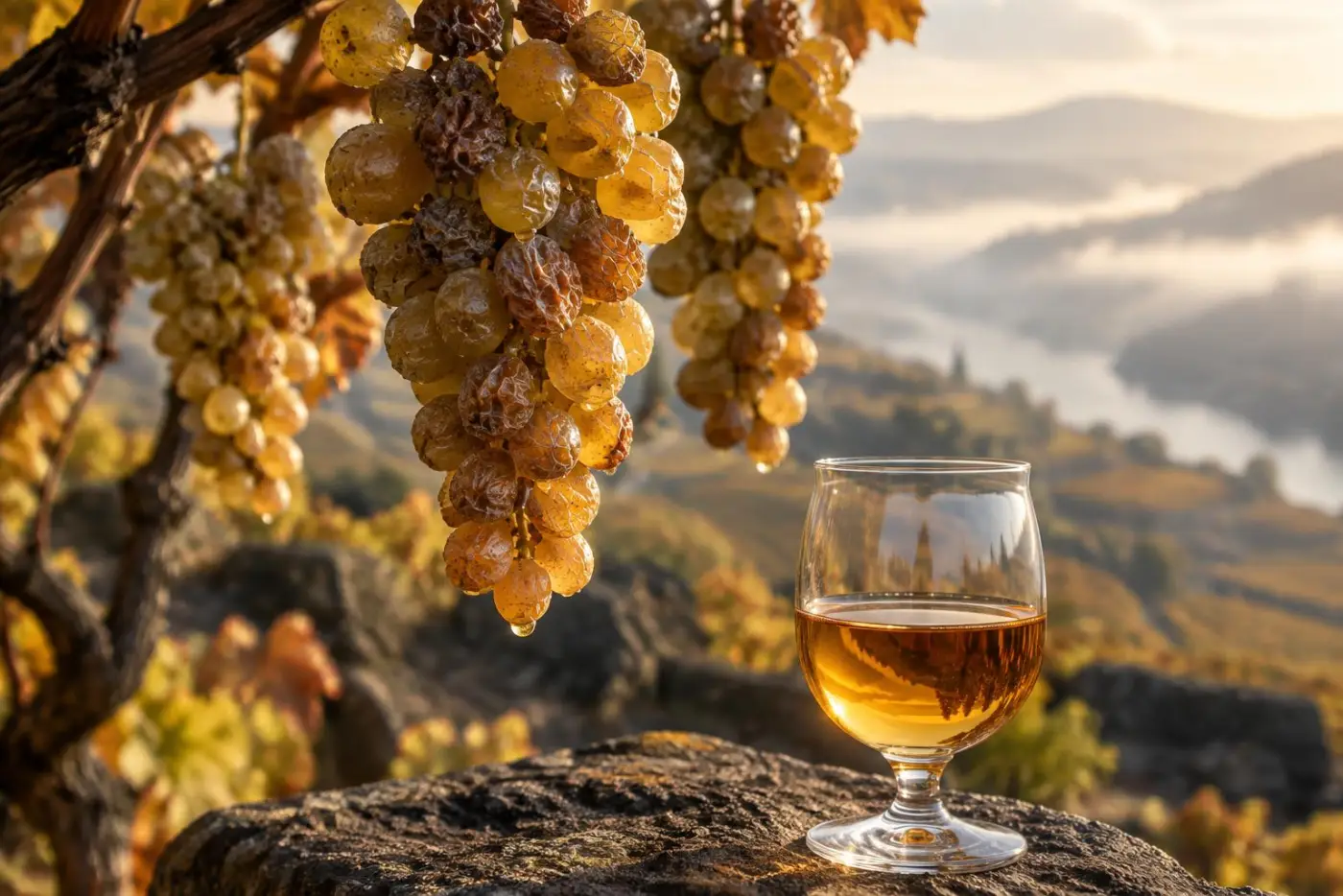 Ædelrådne, skrumpne Furmint-druer på vinstokken i Tokaj med et glas gylden sødvin