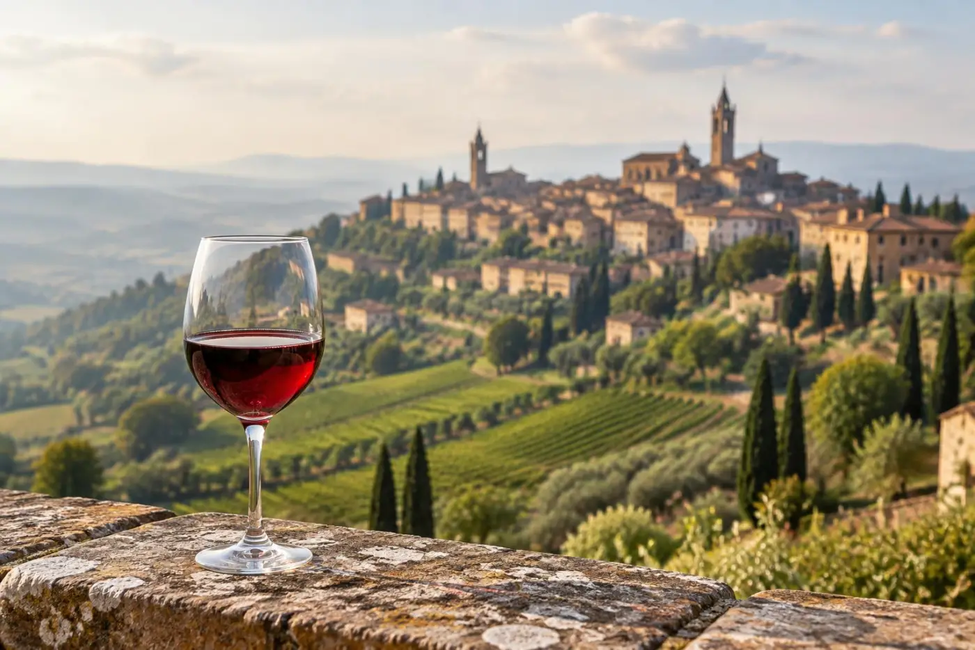 Renæssancebyen Montepulciano på en bakkekam over vinmarker med et glas rødvin