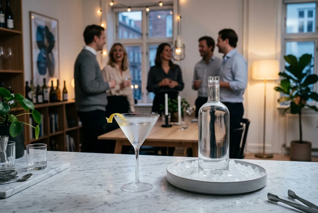 Iskold vodka martini med citrontwist på marmorbar ved fest